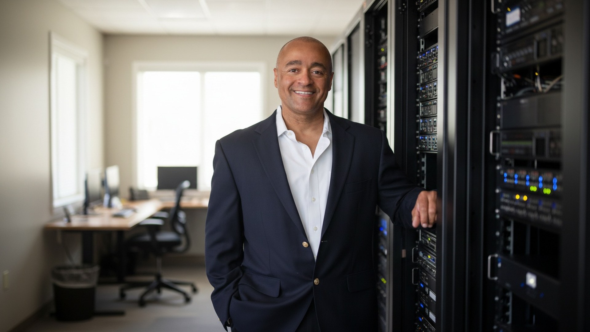 An RMON Networks team member beside a server rack in a bright New Hampshire small-business office